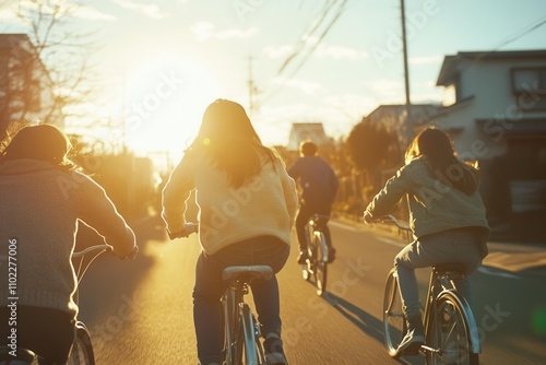 A group of young friends riding their bikes at sunset, enjoying the freedom of youth photo