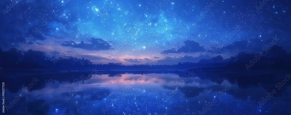A starry night sky over a serene lake, reflecting the beauty of the cosmos A starry night sky over a serene lake, reflecting the beauty of the cosmos