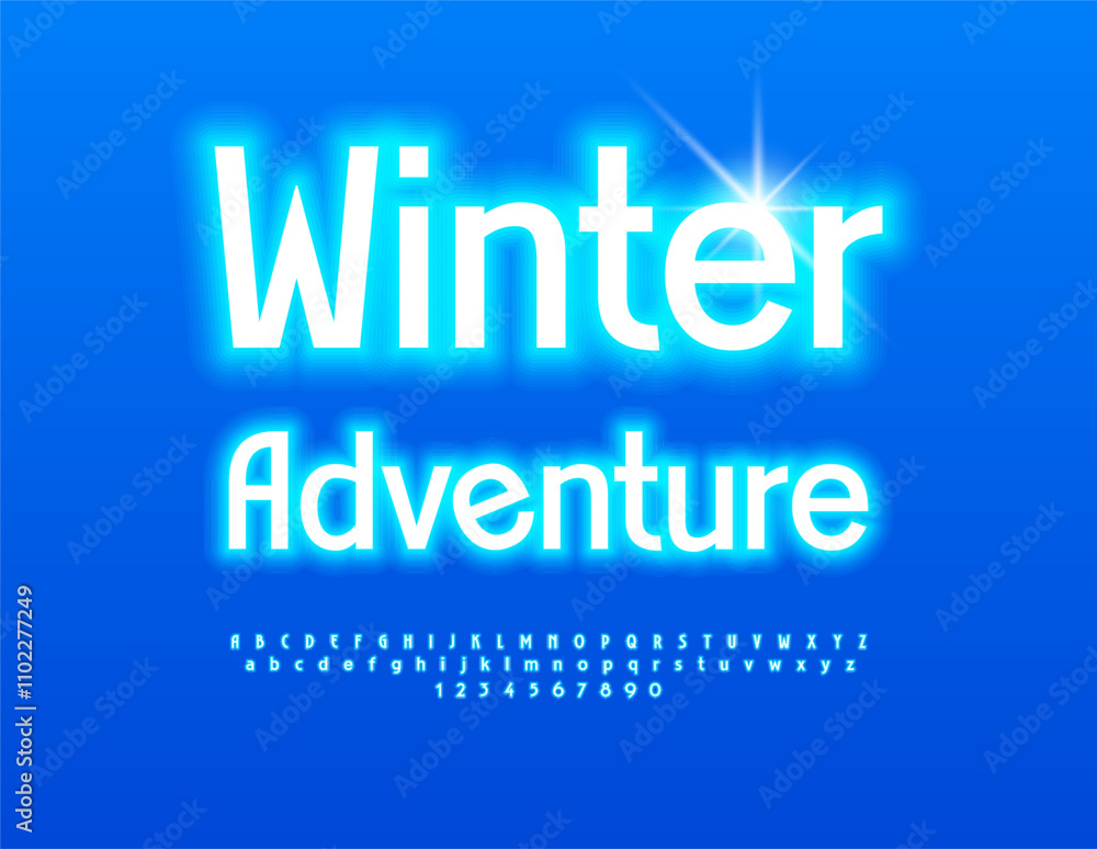 Vector glowing banner Winter Adventure. Neon White Font. Electric Alphabet Letters and Numbers set. Vector glowing banner Winter Adventure. Neon White Font. Electric Alphabet Letters and Numbers set.
