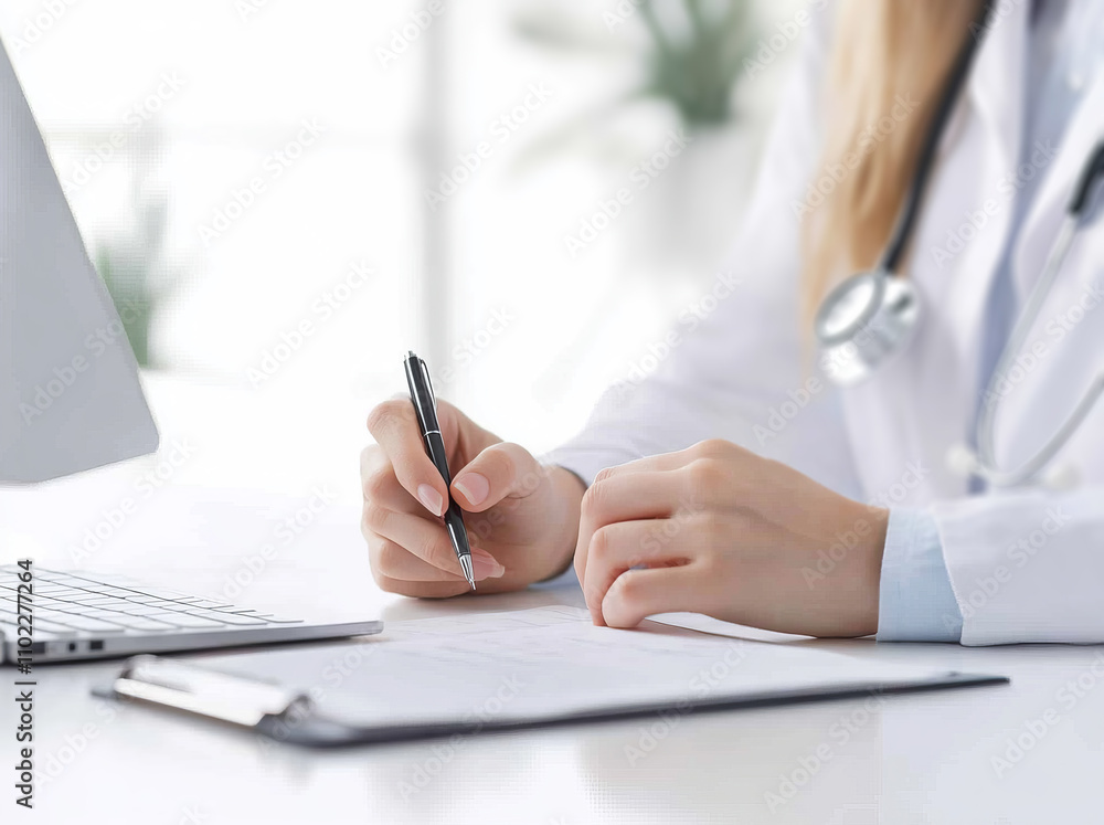 The doctor is wraiting at the medical form while sitting in front of the patient on the desk, in a close-up shot. The doctor is wraiting at the medical form while sitting in front of the patient on the desk, in a close-up shot.