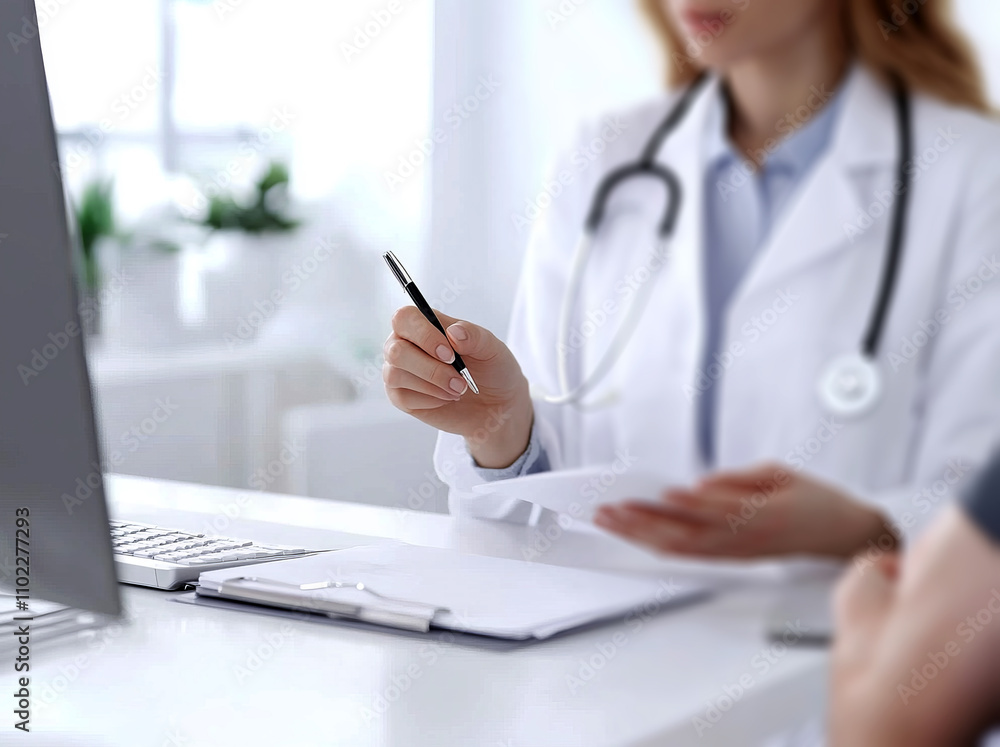 The doctor is wraiting at the medical form while sitting in front of the patient on the desk, in a close-up shot. The doctor is wraiting at the medical form while sitting in front of the patient on the desk, in a close-up shot.