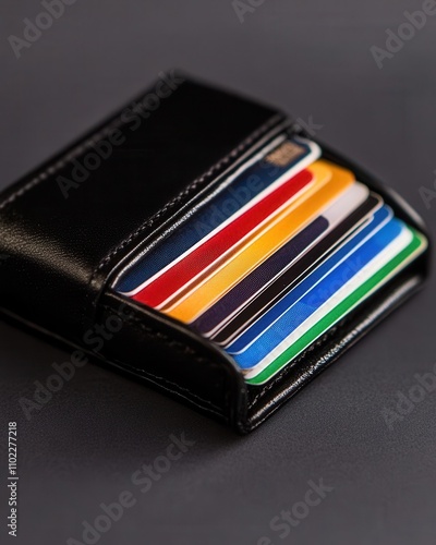 A sleek black wallet with colorful credit cards neatly organized, showcasing modern financial management. photo