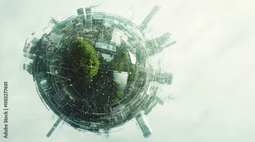 Obraz premium futuristic globe featuring greenery and urban structures, symbolizing harmony between nature and technology.