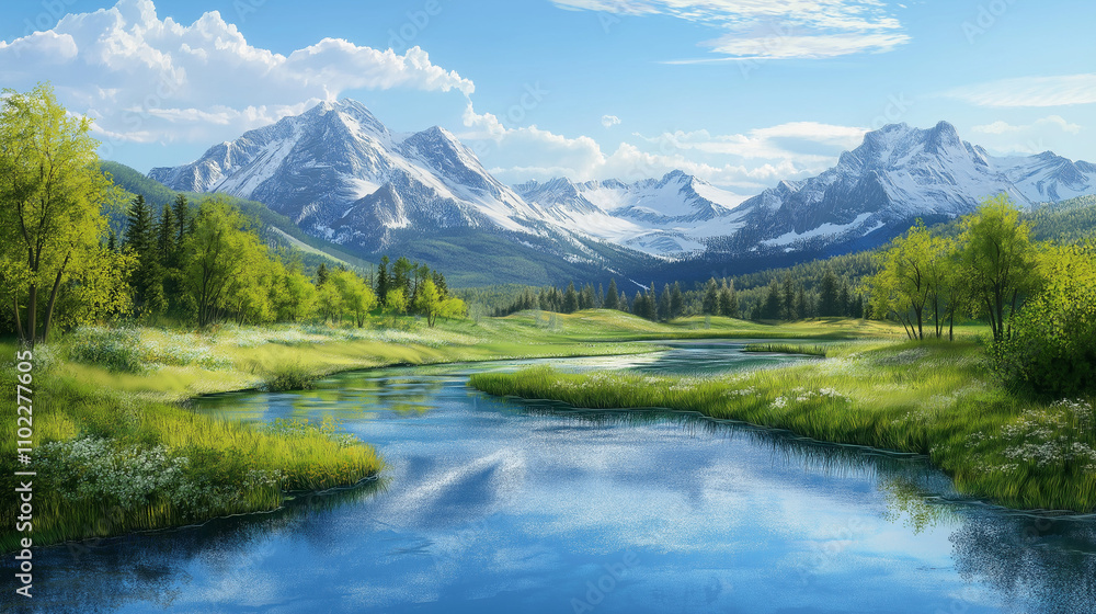 Blühende Berglandschaft mit See und schneebedeckten Gipfeln
Blühende Berglandschaft mit See und schneebedeckten Gipfeln
