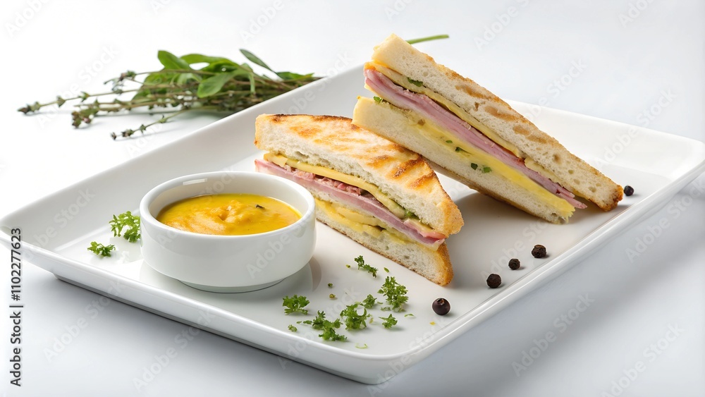 Plated Cuban Sandwich with Dipping Sauce on White Background Plated Cuban Sandwich with Dipping Sauce on White Background