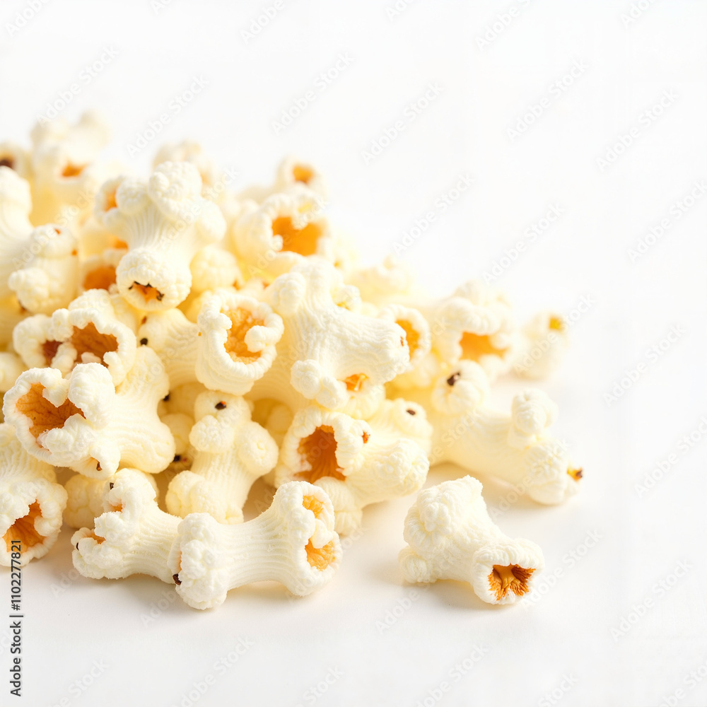 Freshly popped popcorn on white background, light and fluffy snack Freshly popped popcorn on white background, light and fluffy snack