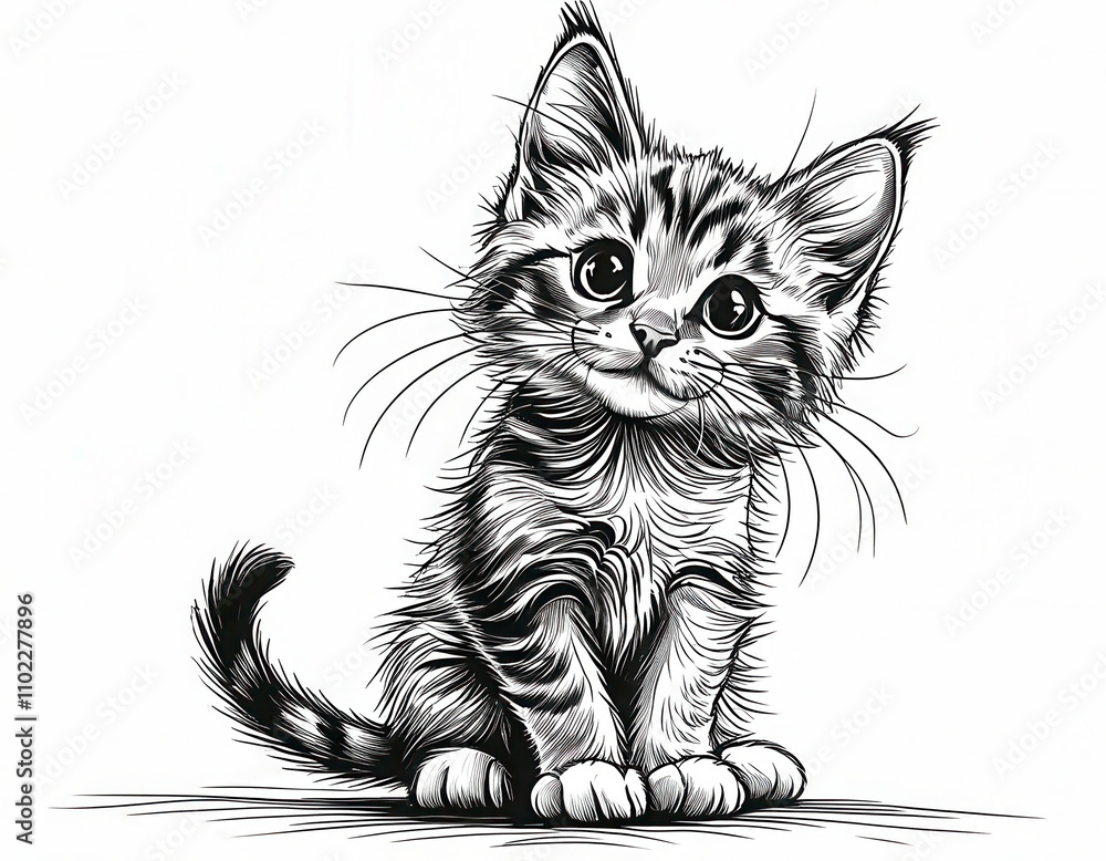 Fototapeta premium Cute striped kitten sitting and looking curiously at the viewer with big expressive eyes and fluffy fur