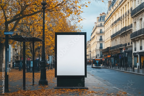 Parisian bus stop billboard mockup near park.
