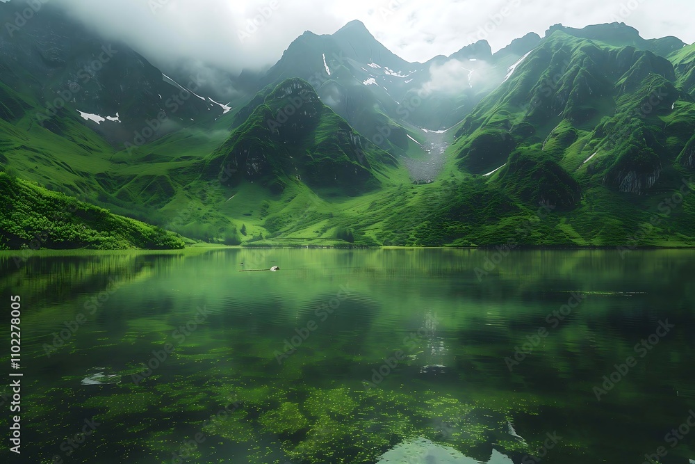 green landscape with mountain covered in forest and lake with fresh blue water green landscape with mountain covered in forest and lake with fresh blue water