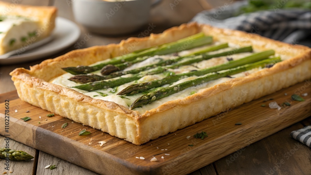 Homemade Asparagus Tart on Wooden Board with Herbs Homemade Asparagus Tart on Wooden Board with Herbs