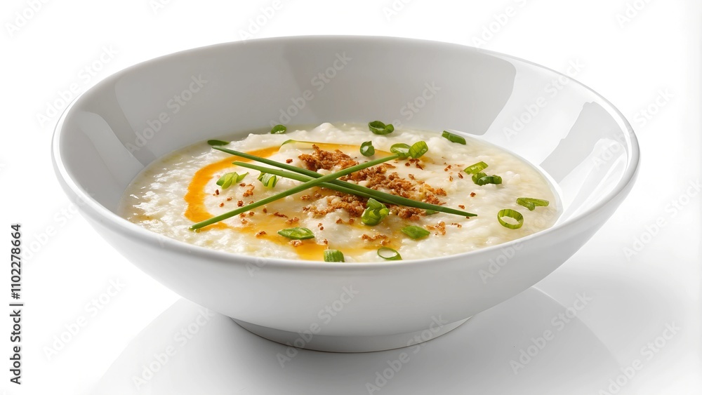 Bowl of arroz caldo garnished with spring onions and fried garlic. Bowl of arroz caldo garnished with spring onions and fried garlic.