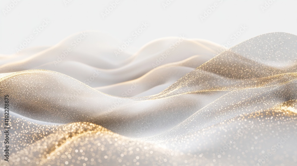 Obraz premium Abstract representation of flowing waves with golden sparkles against a light background.