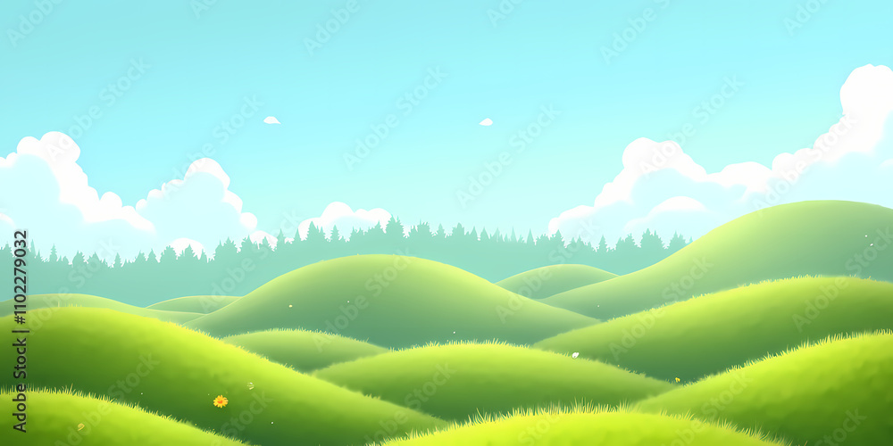 Obraz premium Rolling green hills under a clear sky with fluffy clouds for serene nature illustration concept