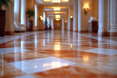 Elegant interior corridor of a luxurious VIP lounge with polished marble flooring