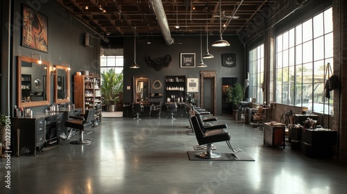 A stylish barbershop interior with modern decor and ample natural light.