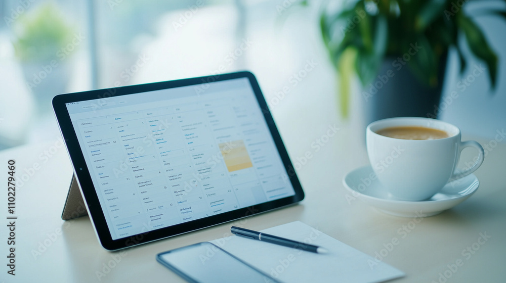 Modern Desk with Digital Tablet and Planner for Productive Work Modern Desk with Digital Tablet and Planner for Productive Work