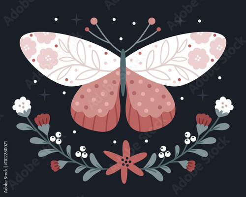 Butterfly or moth with a boho style pattern. Floral wreath. Magical illustration in pastel retro colors.