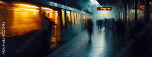 Une station de métro, la porte du train est ouverte avec des silhouettes de personnes marchant sur le quai dans un flou de mouvement. photo