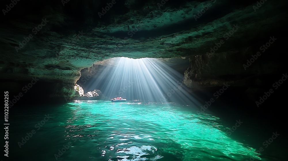 Diver basking in sunlight beams inside a tranquil underwater cave Diver basking in sunlight beams inside a tranquil underwater cave