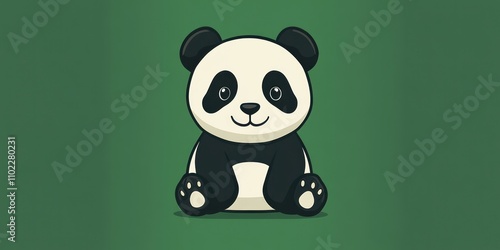 Adorable Cartoon Panda Sitting Against Green Background photo