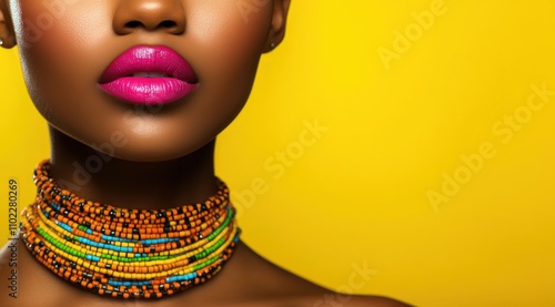 Le visage d'une femme afro-américaine en gros plan avec du rouge à lèvres rose et un collier de perles sur un fond jaune, concept de beauté et de mode, image avec espace pour texte. photo