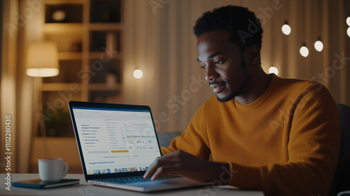 African man using laptop for online real estate search in living room