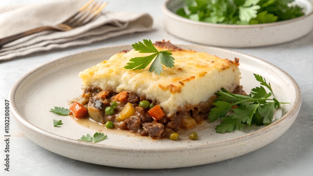 Shepherd’s pie served on a plate garnished with fresh parsley Shepherd’s pie served on a plate garnished with fresh parsley