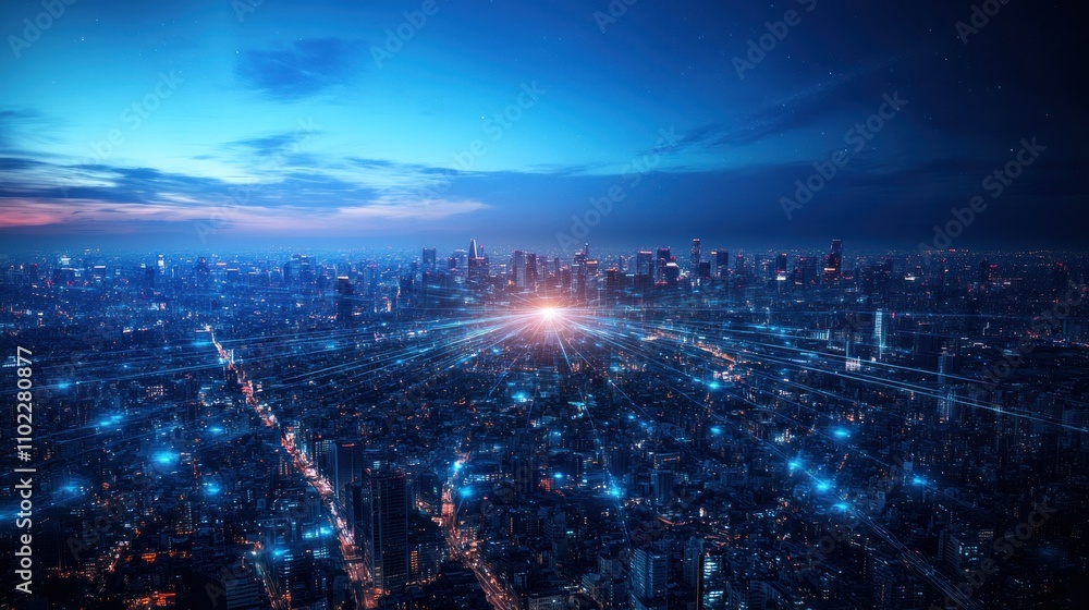 A vibrant cityscape at dusk, illuminated by glowing lights and a central bright focus. A vibrant cityscape at dusk, illuminated by glowing lights and a central bright focus.