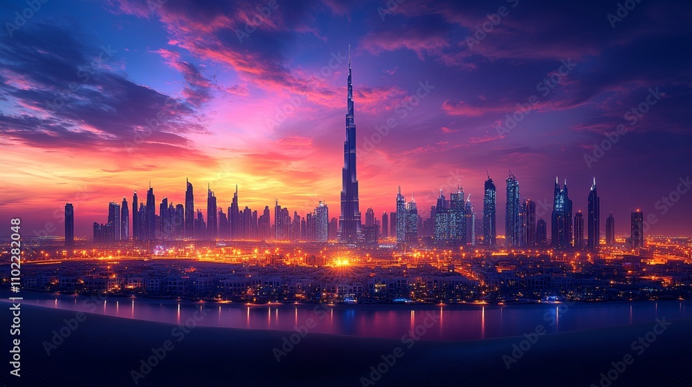 Obraz premium An up-to-date skyline in a desert landscape illuminated by the setting sun.