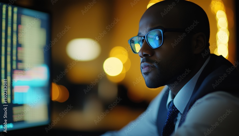 African American Financial Analyst Utilizing Multi-Monitor Workstation For Real-Time Stock And Market Analysis In Investment Bank At Night. African American Financial Analyst Utilizing Multi-Monitor Workstation For Real-Time Stock And Market Analysis In Investment Bank At Night.