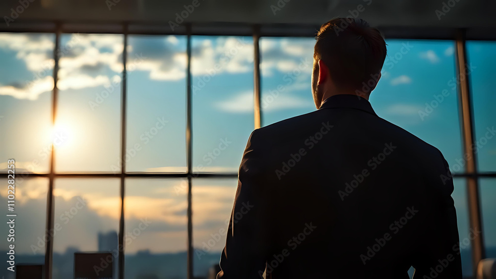 office man is looking out his office window at the sunset. Ai generated image office man is looking out his office window at the sunset. Ai generated image