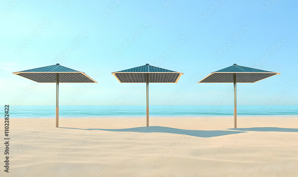 Three solar-powered beach umbrellas on a sandy shore under a clear blue sky. Three solar-powered beach umbrellas on a sandy shore under a clear blue sky.
