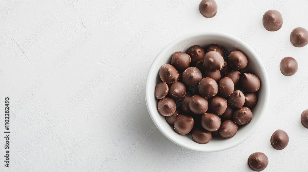 Chocolate-coated candies in a bowl on a white background