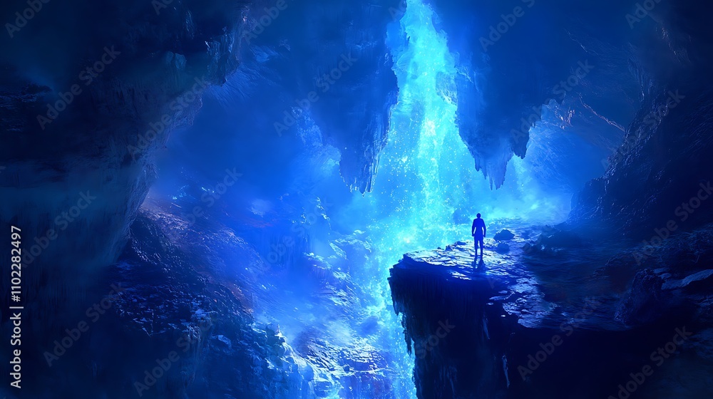 Fototapeta premium Diver suspended in vibrant blue light in a mysterious cave