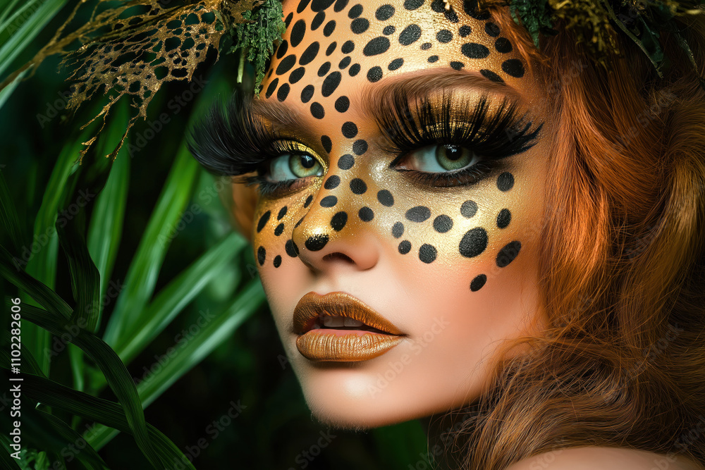 exotic makeup with full face cheetah print and golden accents on young woman in a tropical setting exotic makeup with full face cheetah print and golden accents on young woman in a tropical setting