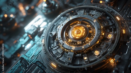 Close-up of a futuristic, intricate mechanical device with glowing orange accents.