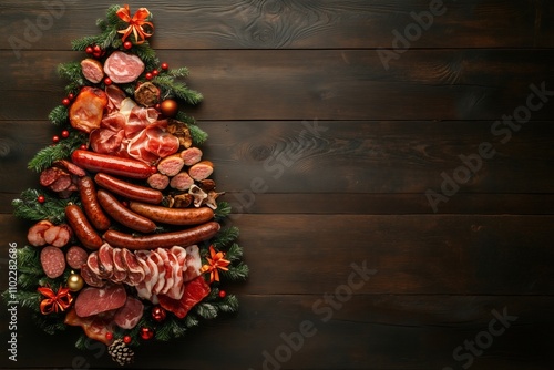 Christmas tree made from sausage and meat products photo