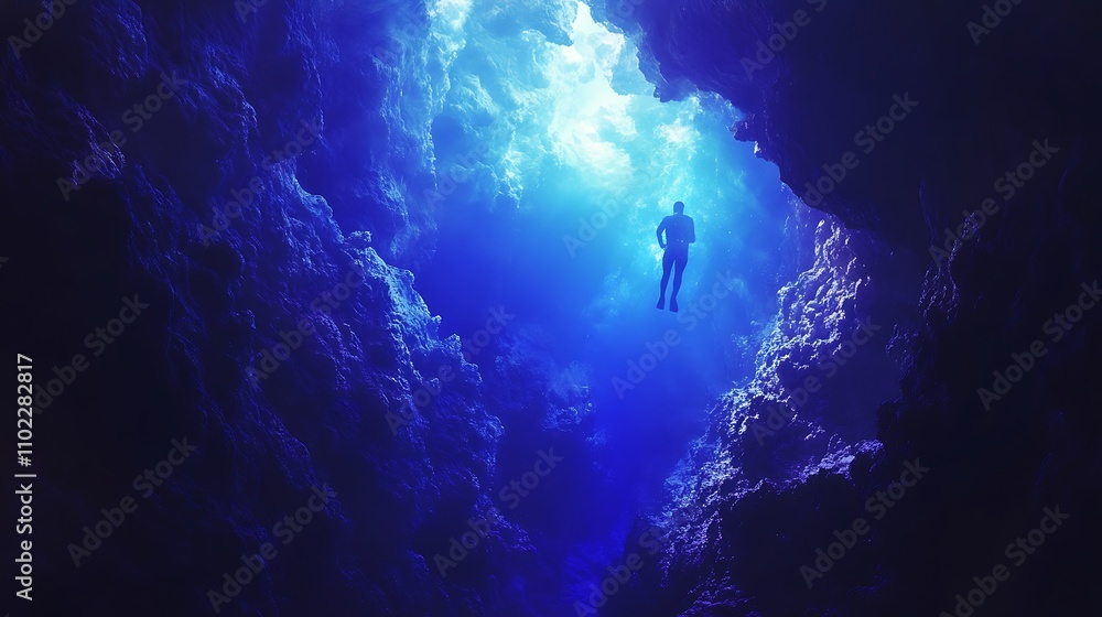 Diver suspended in vibrant blue light in a mysterious cave Diver suspended in vibrant blue light in a mysterious cave