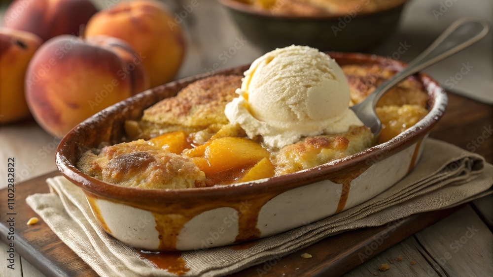 Baked peach cobbler topped with vanilla ice cream in a casserole dish Baked peach cobbler topped with vanilla ice cream in a casserole dish