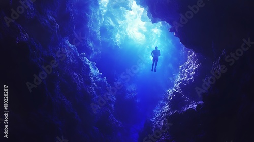 Diver suspended in vibrant blue light in a mysterious cave