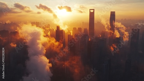 Aerial View of a Modern Cityscape at Sunset. AI generated illustration