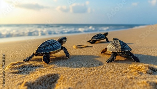 Young Sea Turtles Making Their Way To The Ocean On Pangumbahan Beach In West Java, Indonesia. Photo Shows Tiny Turtles' Journey. photo