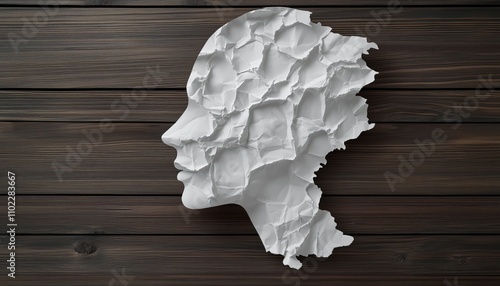 Symbolic Representation Of Neurology And Memory Loss: An Alzheimer'S Patient'S Medical Mental Health Care Depicted As A Torn Crumpled White Paper On Wood. photo