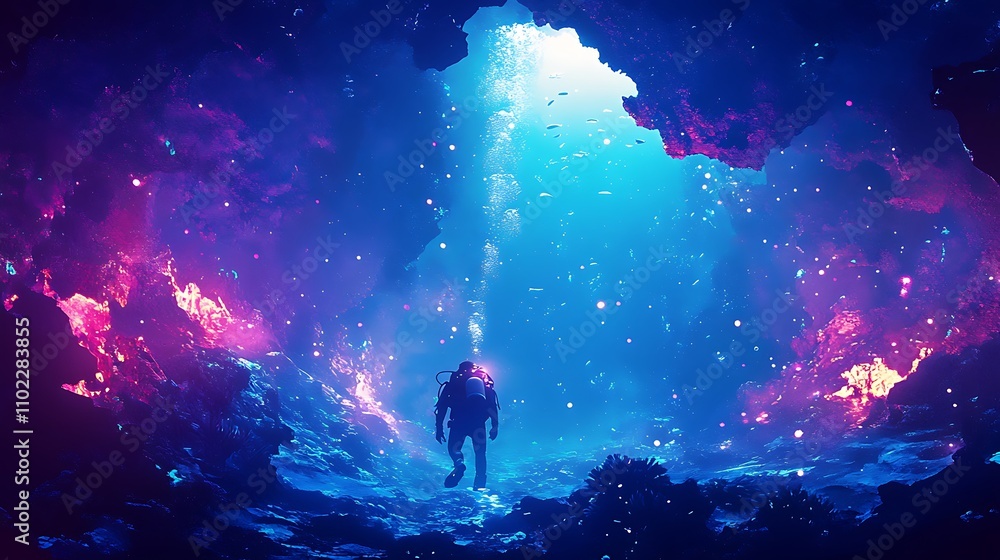 Tranquil underwater scene with a diver in a glowing blue cave Tranquil underwater scene with a diver in a glowing blue cave