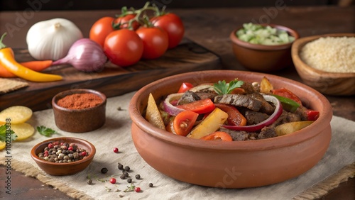 Close-up of sizzling lomo saltado on hot skillet with side dishes