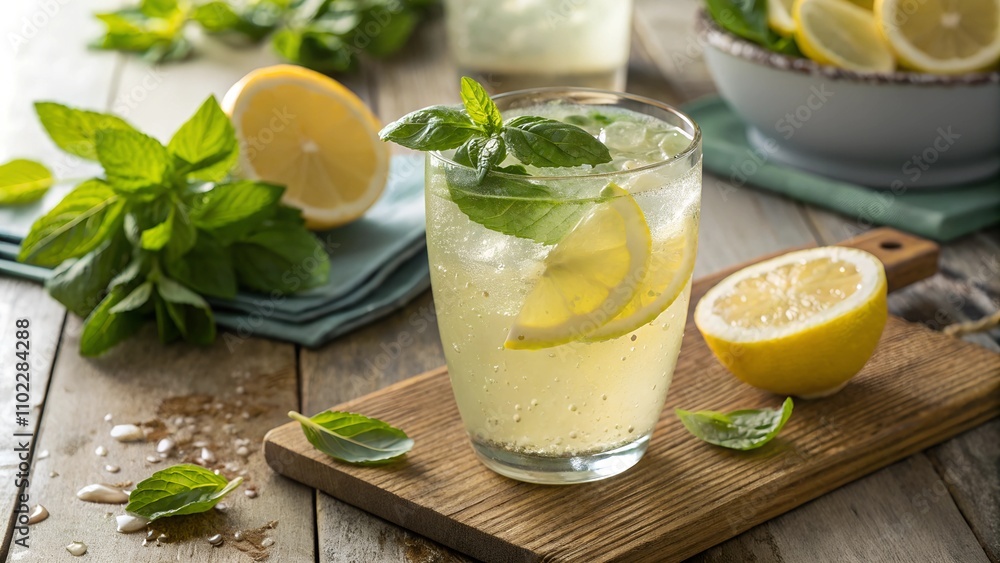 Lemon basil lemonade in a mason jar with a striped straw on a wooden tray Lemon basil lemonade in a mason jar with a striped straw on a wooden tray