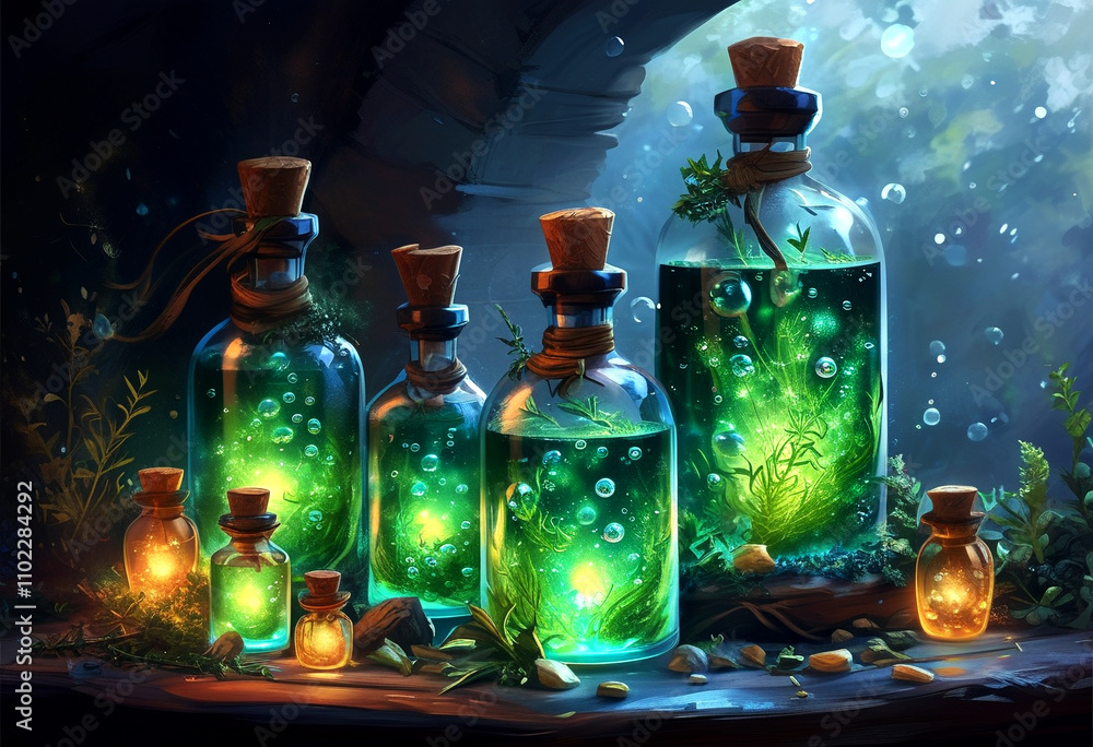 Enchanted glass bottles glow softly in a mystical forest setting at twilight Enchanted glass bottles glow softly in a mystical forest setting at twilight