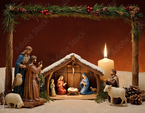 Intricate nativity scene featuring a diverse group of figures in a warm, festive setting. photo