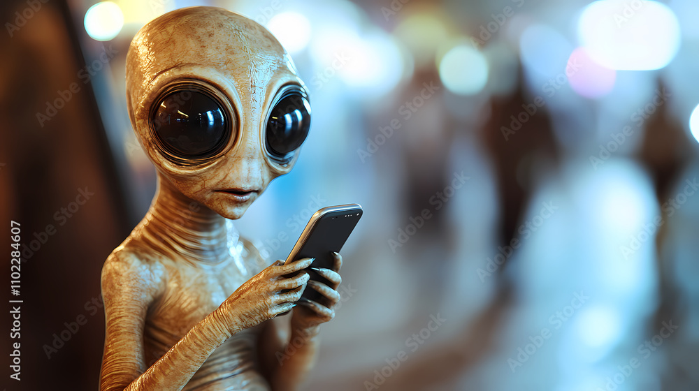 Generative ai illustration of extraterrestrial alien with black wide eyes talking on mobile phone against blurred background. Alien. Illustration Generative ai illustration of extraterrestrial alien with black wide eyes talking on mobile phone against blurred background. Alien. Illustration