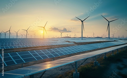 Solar panels and wind turbines at a solar power plant at sunset against a beautiful landscape, 3d rendering. photo